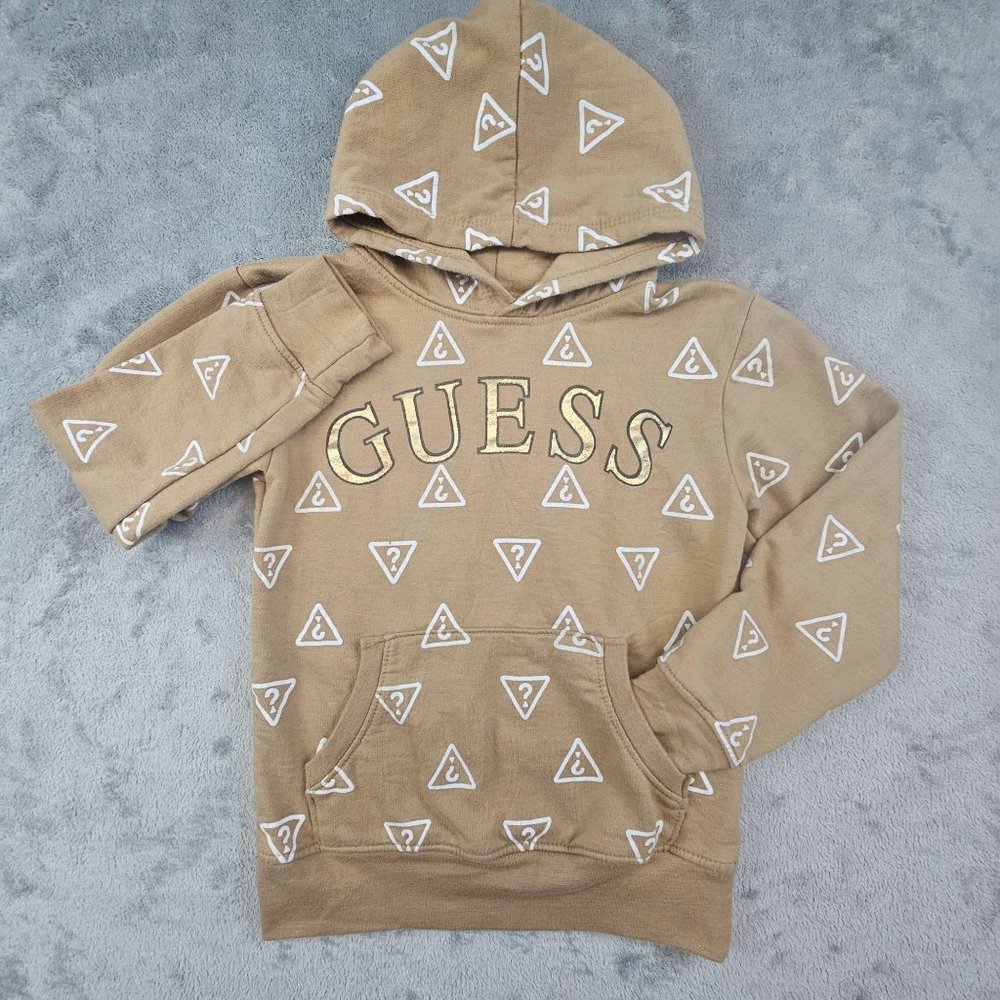 GUESS‎ Kids Hoodie Youth Small Brown All Over Logo Genuine Pullover Warm Casual